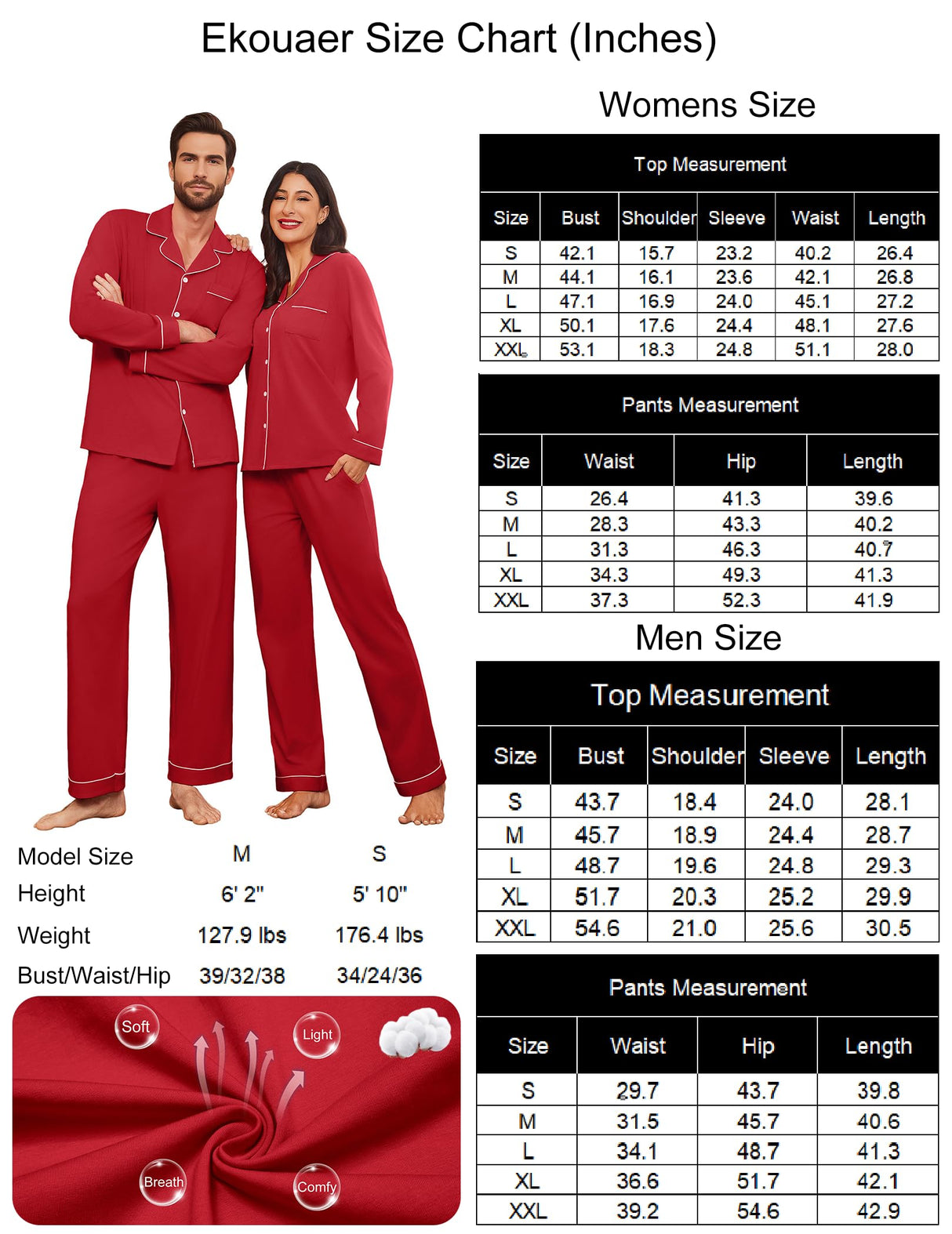 Ekouaer Men's Pajama Set Winter Long Pjs Couples Adults Christmas Sleepwear Lightweight 100% Cotton Lounge Set,Red,XL