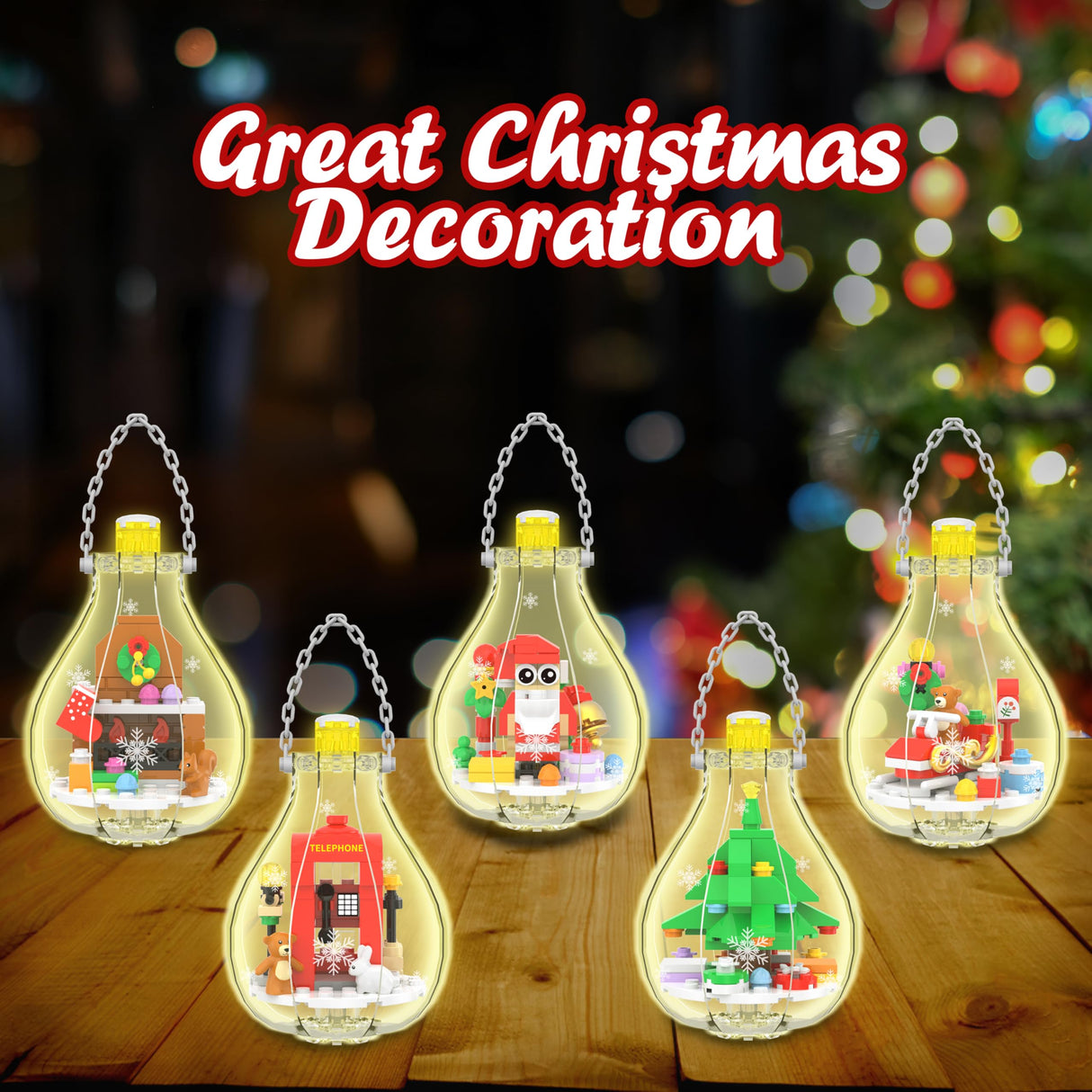 Christmas Ornaments Building Block Set, Compatible with Lego Christmas Tree Decorations Bulbs with Warm Light, Santa Claus Sleigh Phone Booth Fireplace Building Sets Gifts Stocking Stuffers (5 Pack)