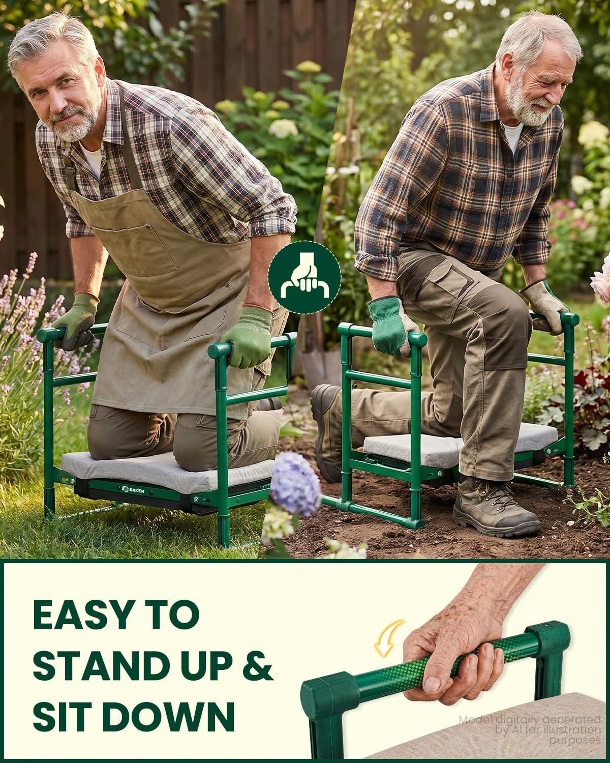Saker 2026 Upgraded Garden Kneeler and Seat - Gardening Bench Gardening Stool with 500LB Heavy Duty Round-Tube Frame, Soft Kneeling Pad Foldable Support for Elderly, Gardening (Luxury Version)
