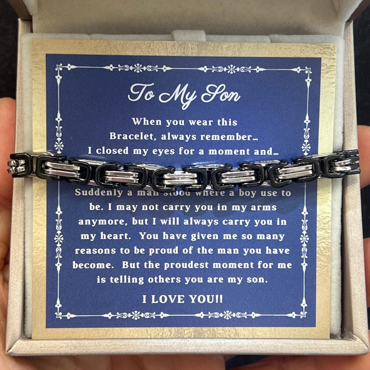 Printed Art Therapy To My Son Bracelet from Mom and Dad, I Love You Gift, Mother & Father Son Bracelet, Sentimental Gifts from Parents, Graduation Gift for Him (Silver/Black)