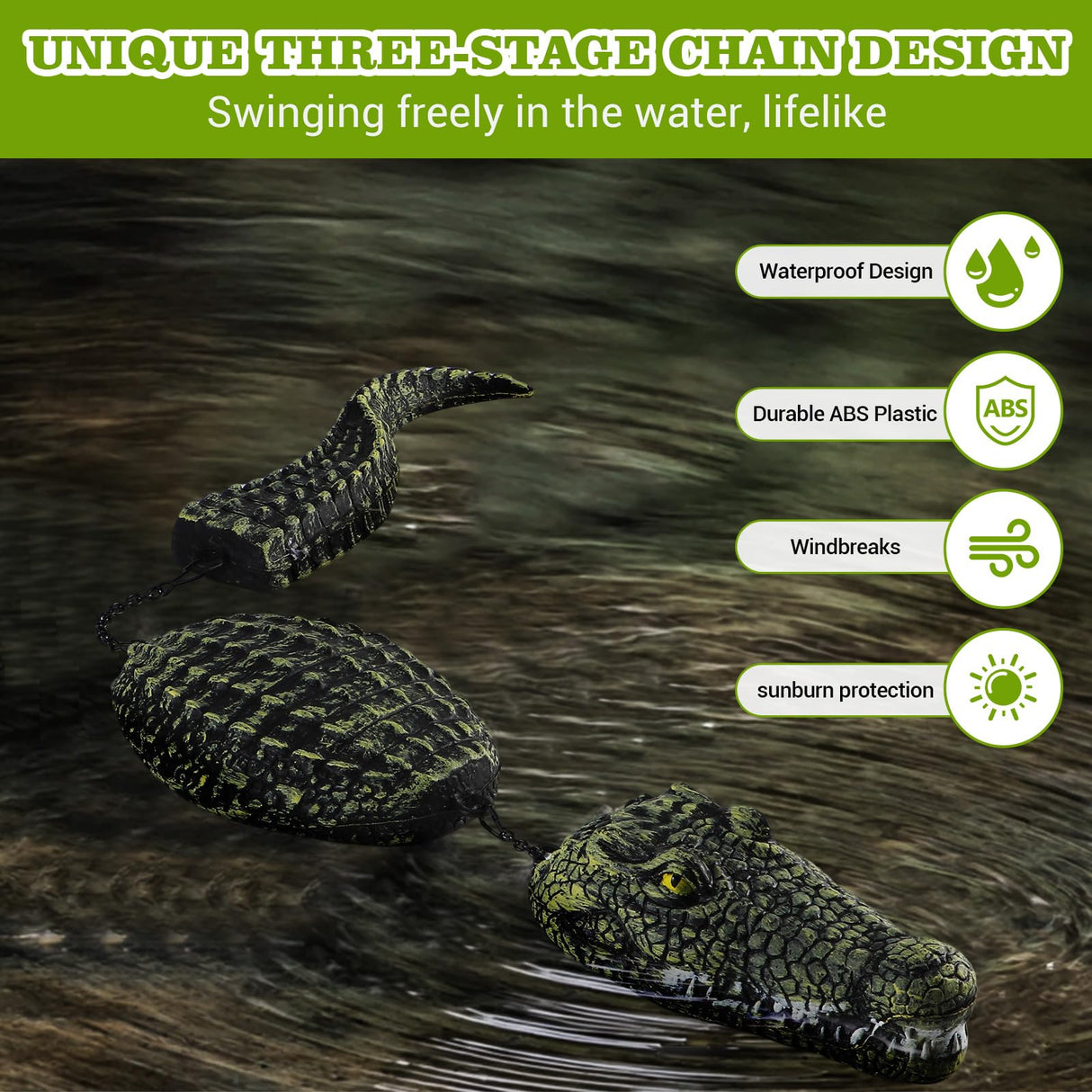 Floating Crocodile Sculpture, 3-Section Simulated Floating Alligator, Pond Floating Alligator Bait for Garden Pond Backyard Decoration (2-Pack)