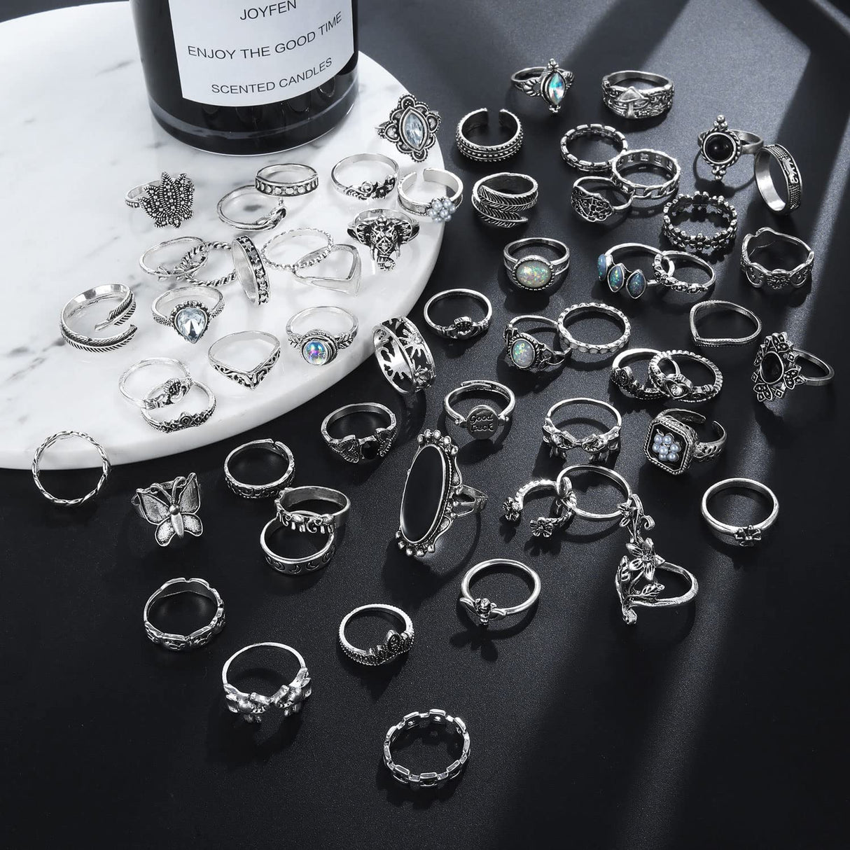 17IF 60 PCS Vintage Silver Goth Ring Set for Women, Punk Boho Chunky Knuckle Stackable Finger Ring Pack Aesthetic Grunge Adjustable Retro Stone Opal Crystal Cat Snake Flower Gothic Rings