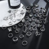 17IF 60 PCS Vintage Silver Goth Ring Set for Women, Punk Boho Chunky Knuckle Stackable Finger Ring Pack Aesthetic Grunge Adjustable Retro Stone Opal Crystal Cat Snake Flower Gothic Rings