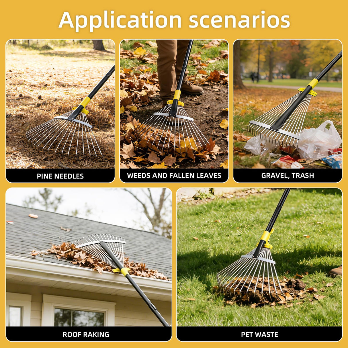 Byhargen Adjustable Metal Leaf Rake, Heavy Duty Garden Rake with Wide & Narrow Modes, Rustproof Steel Head, Adjustable Handle for Lawn Care, Yard Clean Up, and Mulch Spreading