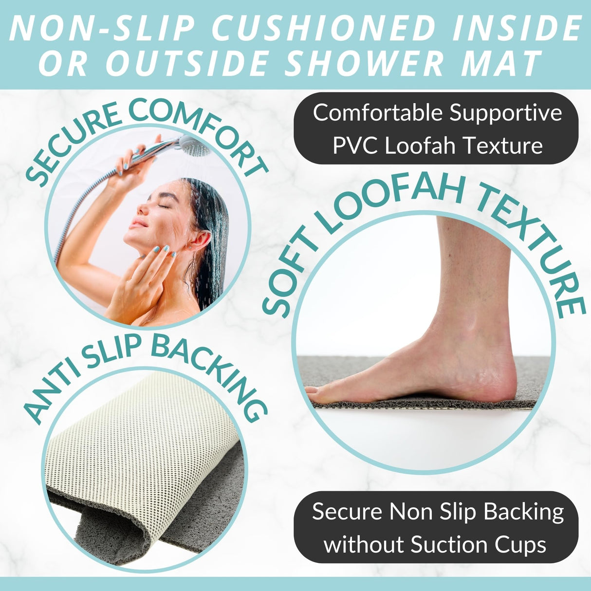 Enkosi Loofah Shower Mat with Drain Hole – Cushioned Anti-Slip Square Bath Mat for Showers, and Bathroom Floors – Textured PVC, Non Slip Safety Pad for Walk-in Stalls and Wet Areas (27x27 Grey)