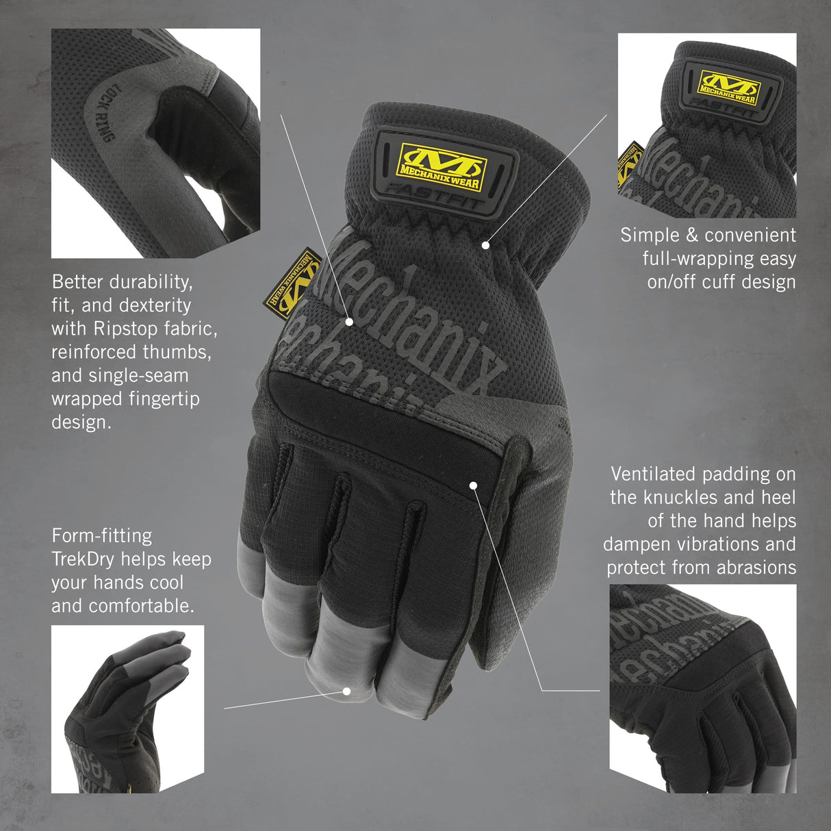 Mechanix Wear FastFit Work Gloves - Anti-Slip & Abrasion Resistant Heavy Duty Gloves - Touchscreen Compatible - Vibration Damping - Multipurpose Use - Large - Black