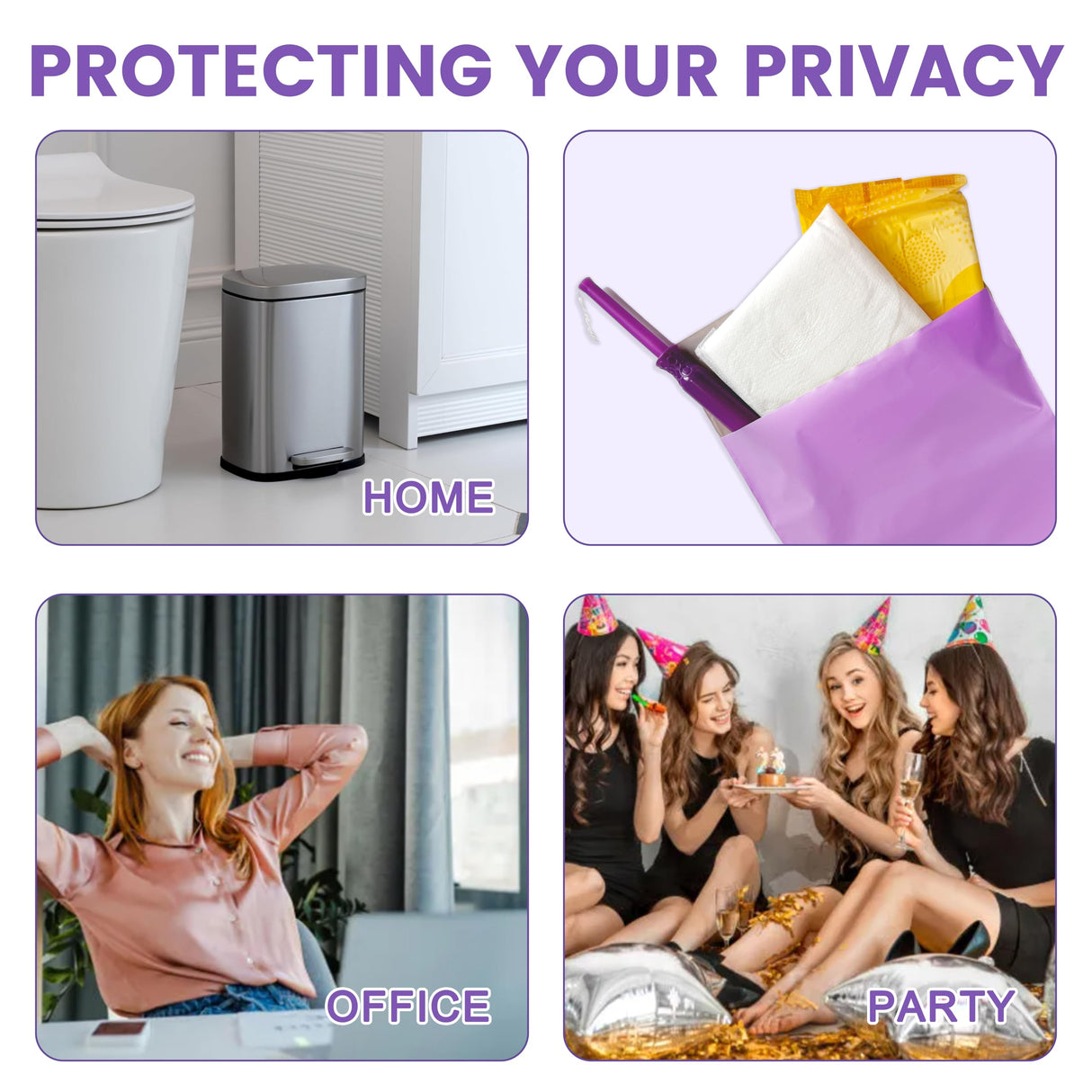 Disposable Sanitary Bags, 300 Pcs, Purple, Self-sealing, Odor-proof, Rectangular, Plastic, 10" x 6" Bags for Feminine Hygiene, Personal Waste, or Pet Waste