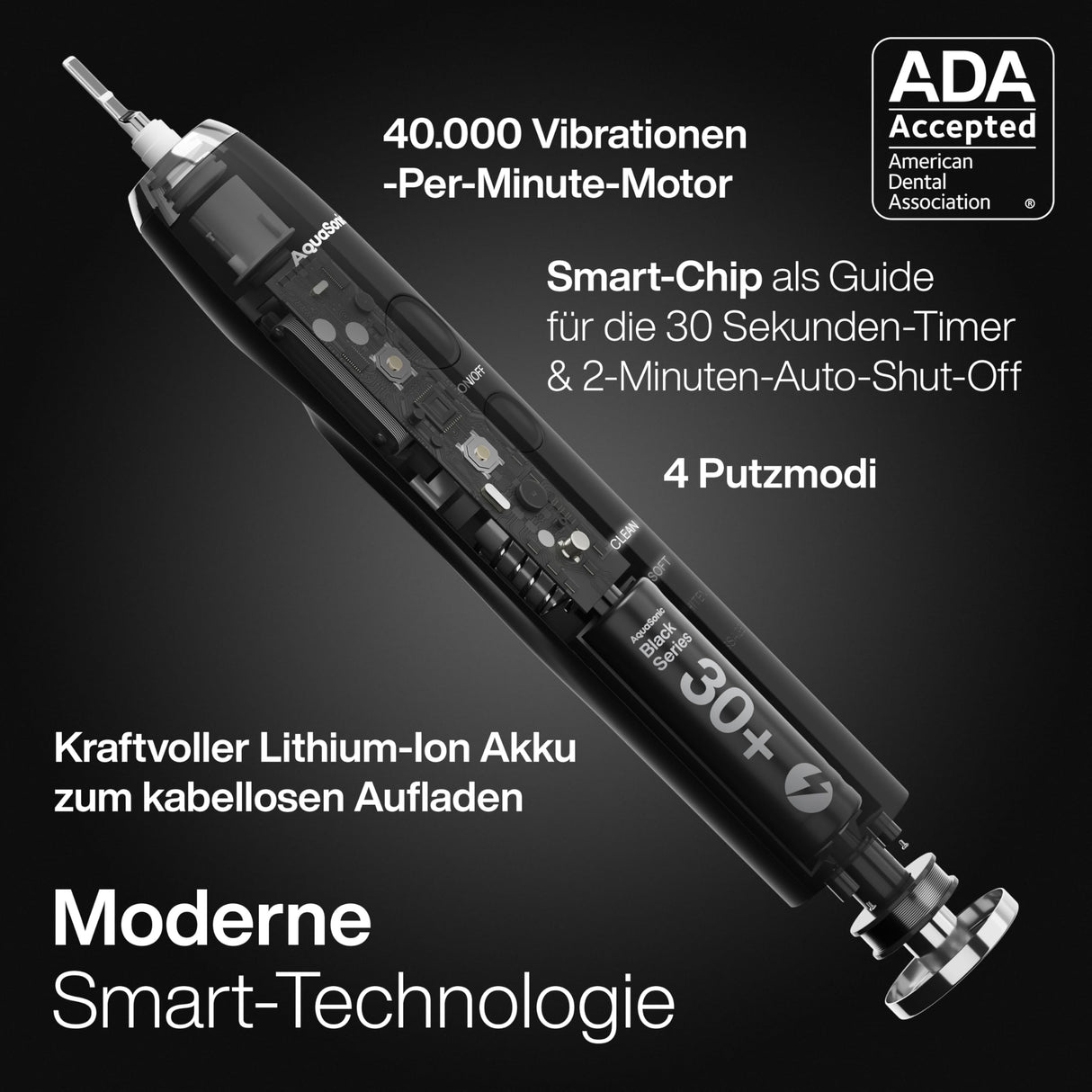 Aquasonic Black Series Ultra Whitening Toothbrush – ADA Accepted Electric Toothbrush- 8 Brush Heads & Travel Case – 40,000 VPM Electric Motor & Wireless Charging - 4 Modes w Smart Timer