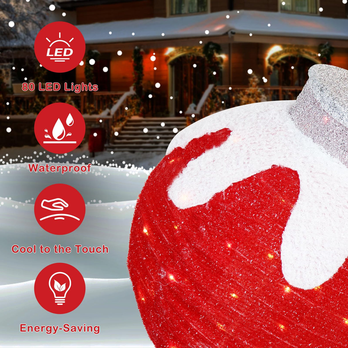 BRIGHTDECK Outdoor Christmas Ornaments, Lighted Pop-Up Outdoor Holiday Ball Decoration with 80 LED Lights, 8 Light Modes, Lighted Collapsible Holiday Decorations for Yard, Home (Red)