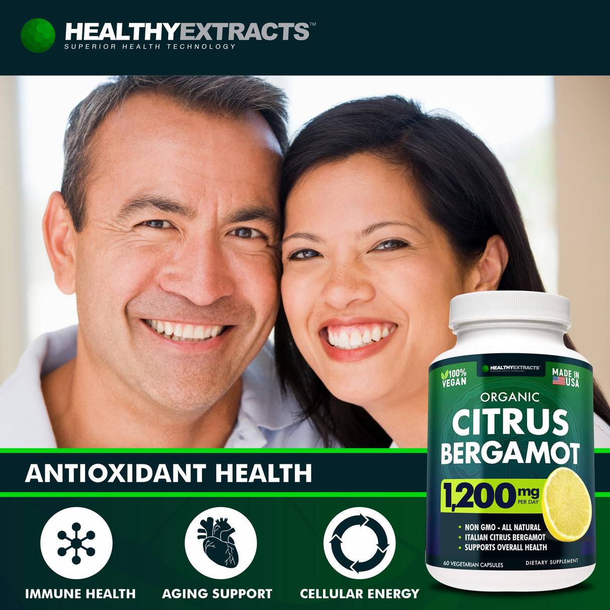 Healthy Extracts Citrus Bergamot Supplement – 150:1 Extract, 1200mg per Serving, 80% Polyphenols, Supplement for High Cholesterol, Italian Sourced, 60 Count, 1 Month Supply, Made in The USA