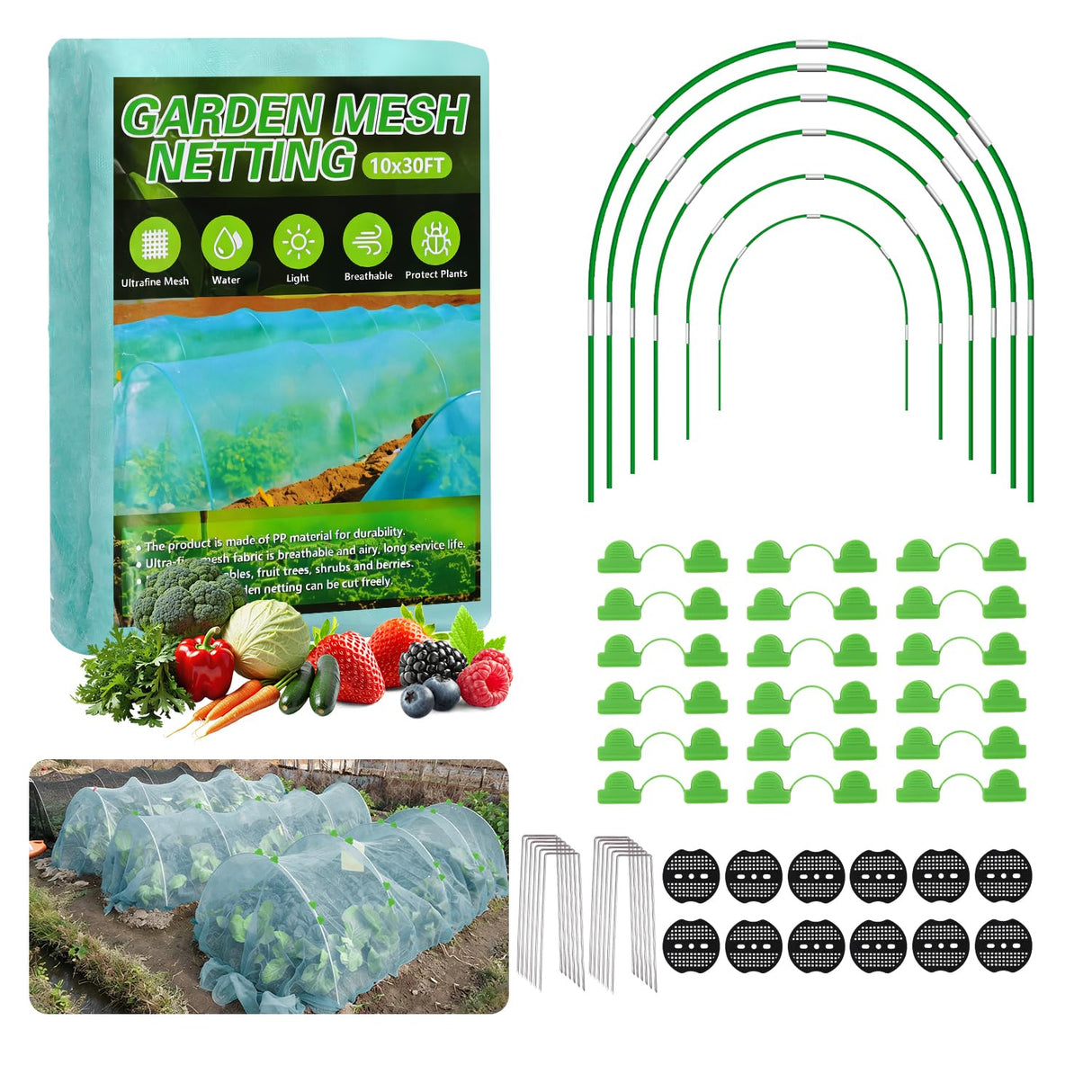 Garden Mesh Netting Kit, 10x30FT Green Ultra Fine Netting & 6 Sets 8FT Fiberglass Garden Hoops with Stake, Garden Netting with Frame for Raised Beds, Garden Hoops and Netting, Row Cover, Plant Barrier