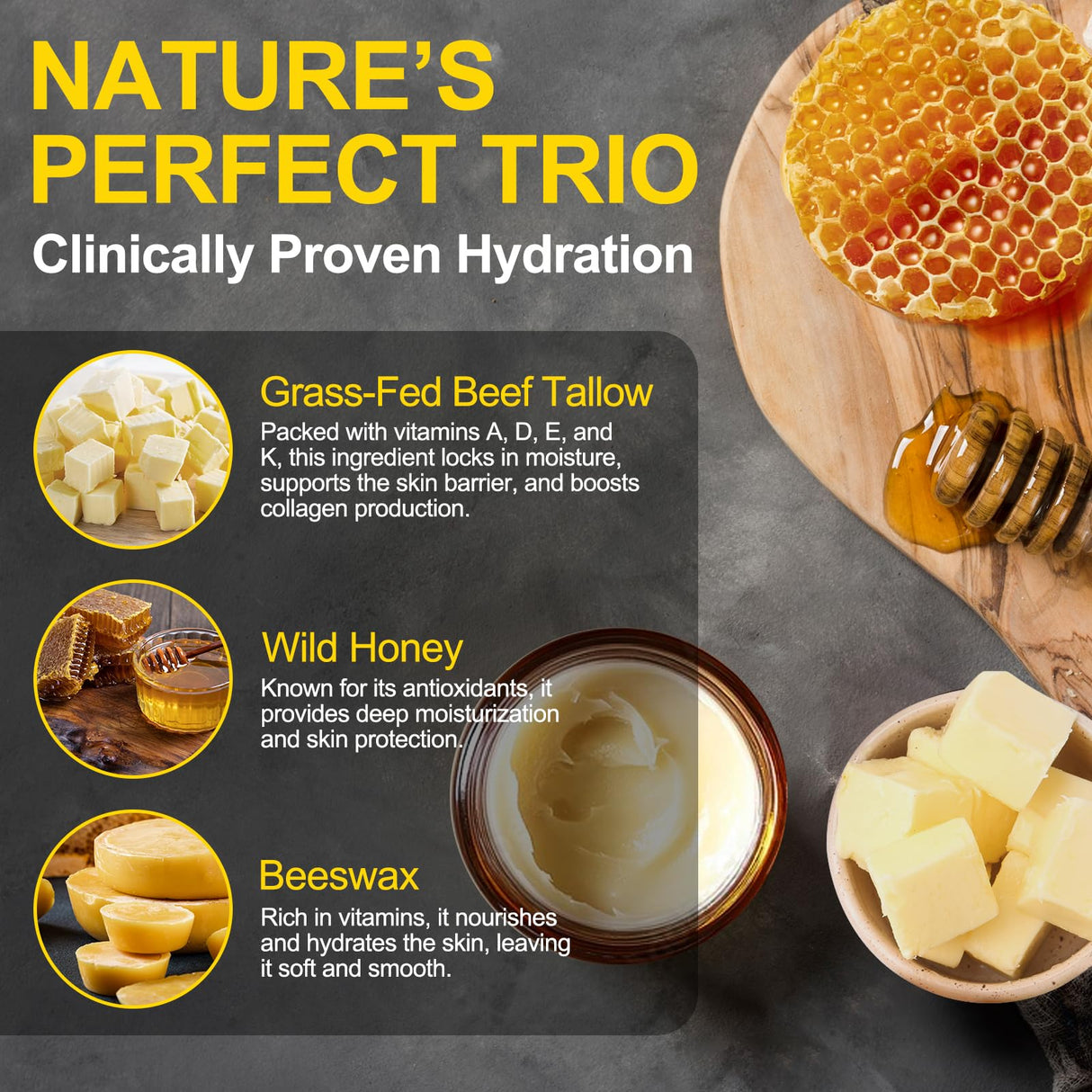 Beef Tallow for Skin, Tallow and Honey Balm for Face - 100% Organic Grass-Fed Beef Tallow & Raw Wild Honey - Moisturizing Cream for Soft, Smooth Skin- Light Scent, Moisturizing Natural Formula, 4.2 Oz