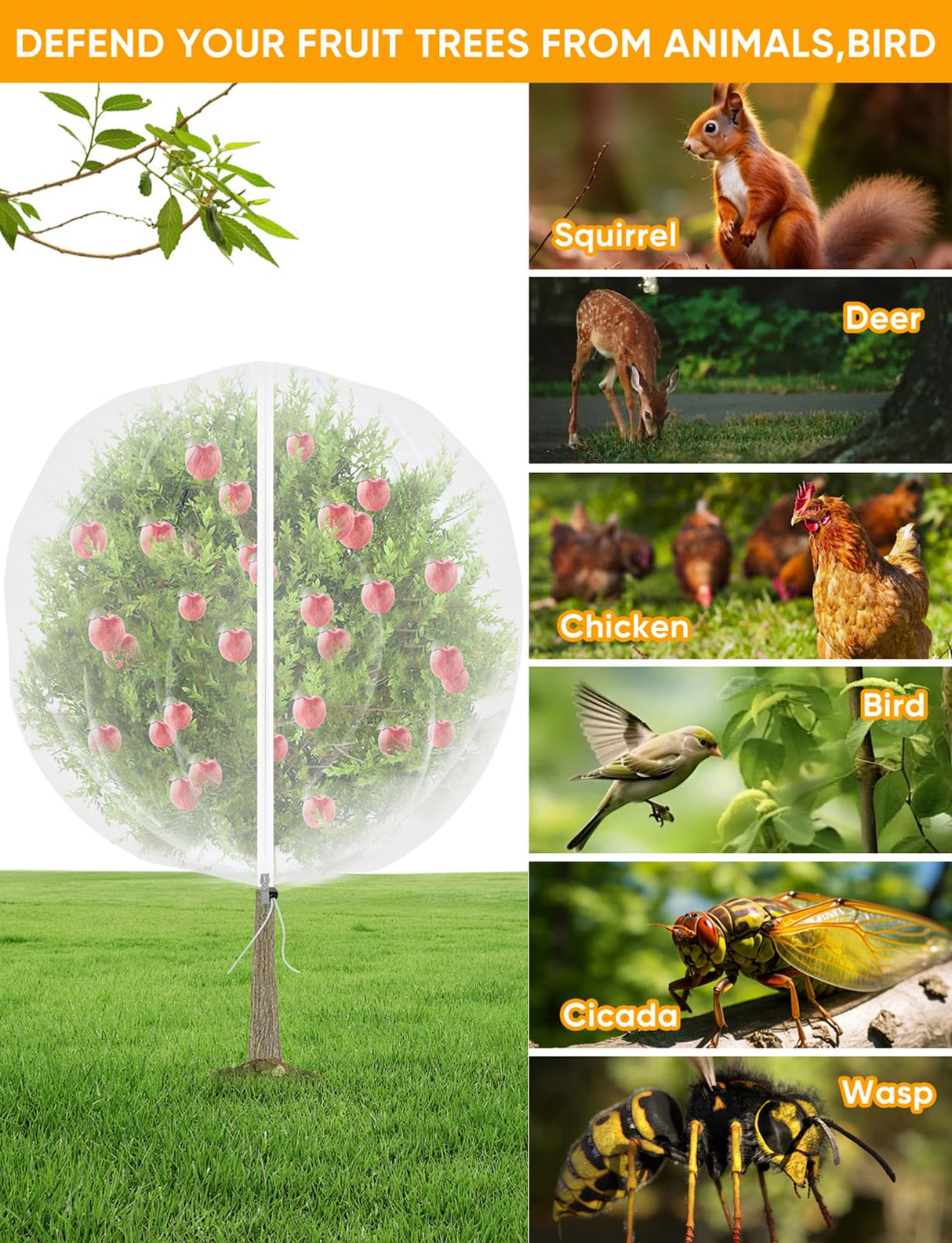 VITI Fruit Tree Netting for Cicadas - with 2Pcs 8Ftx5.3Ft Zipper&Drawstring Protection for Your Fruit Trees Garden Bird Netting Covers Blueberry Bush Tomato Bug Plant Protection Cherry Apple Tree