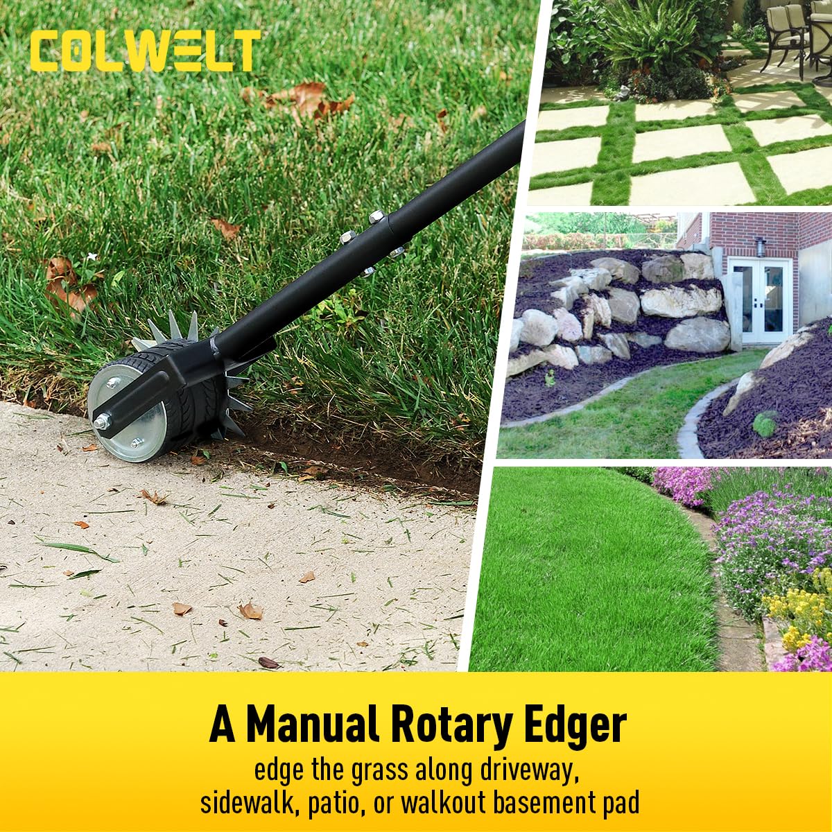Colwelt Wheel Rotary Edger Lawn Tool 59’’, Manual Lawn Edger with Extra-Wide Rubber Wheel, Lawn Edgers Manual with Reinforced Bracket, Grass Edger Edging Tool for Landscaping, Sidewalk, Driveway, Yard