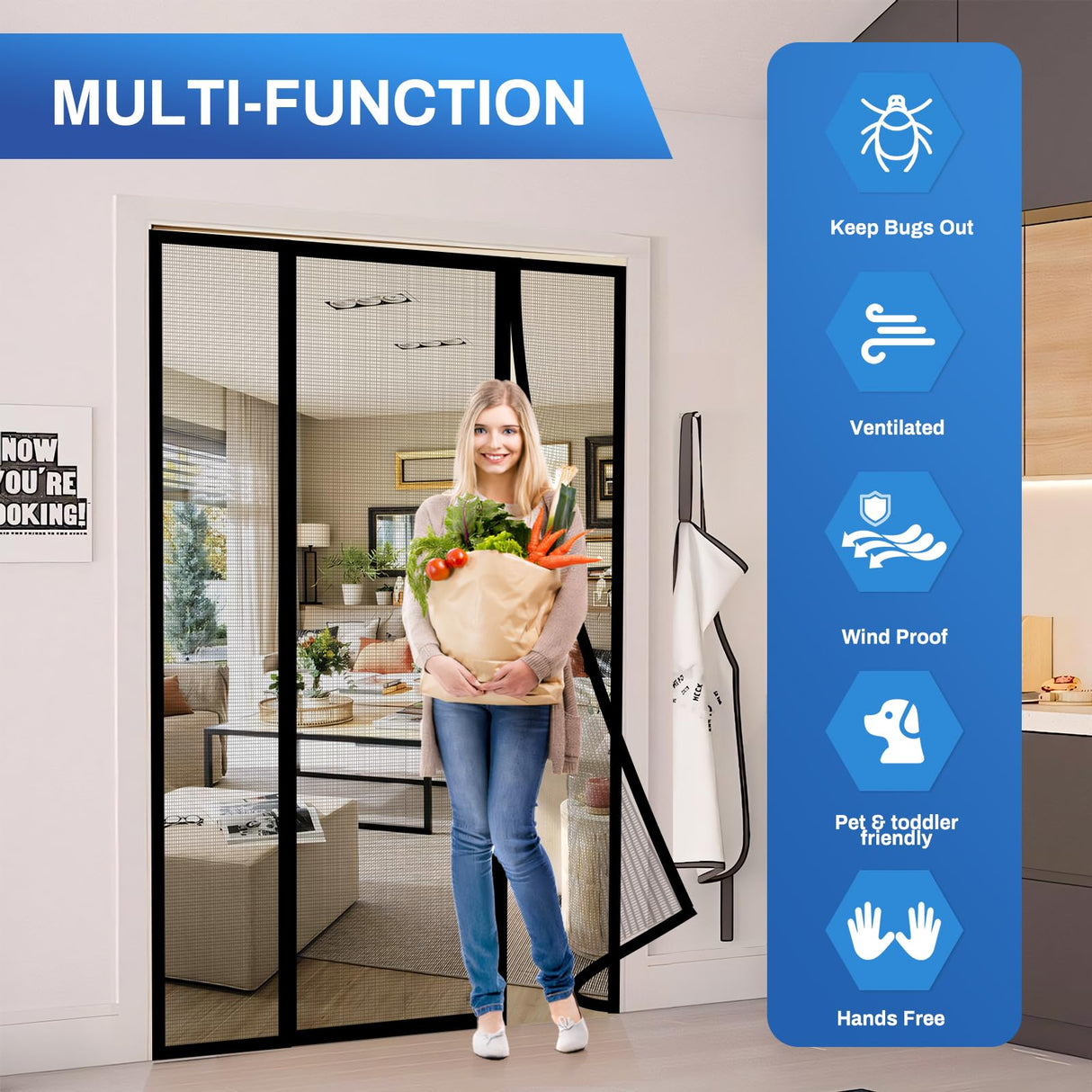 LONGEAS Magnetic Screen Door Upgraded PET Mesh Stronger Than Fiberglass and Polyester,Hands Free,Keeps Bugs Out,Pet & Kid Friendly,Suitable for Sliding Door,Large Patio Door and French Door-72''x80''