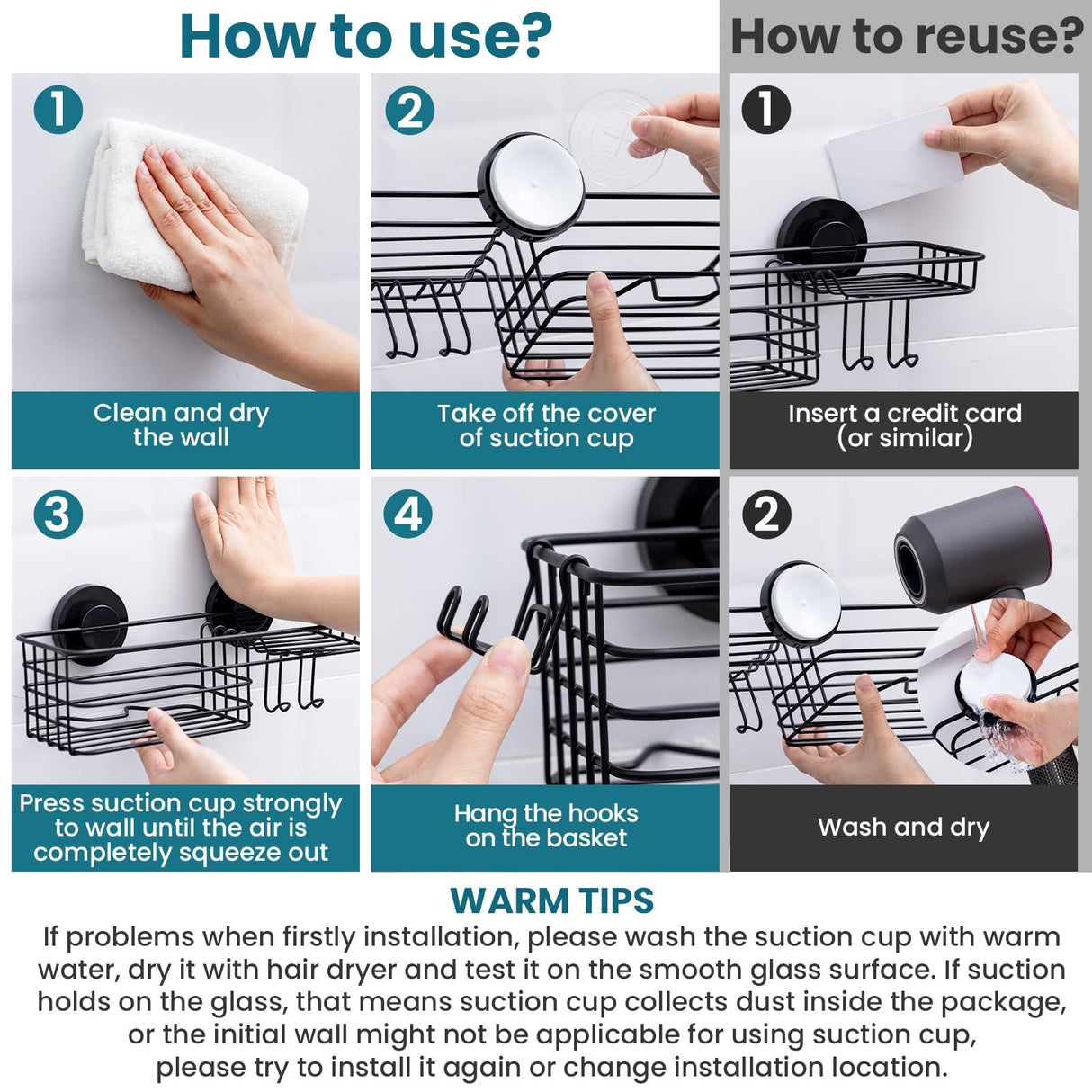 TAILI Shower Caddy Suction Cup with Hooks and Soap holder, Heavy Duty Bathroom Shower Organizer, No Drilling Bathroom Holder with Large Capacity, Metal Black Storage Basket