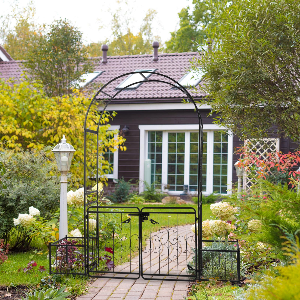 VINGLI Garden Arbor Arch with Gate and Planter Box, Wedding Arch Archway for Ceremony Party, Trellis for Plant Climbing, Christmas Decorations Pergola for Backyard, Lawn, Patio, Yard