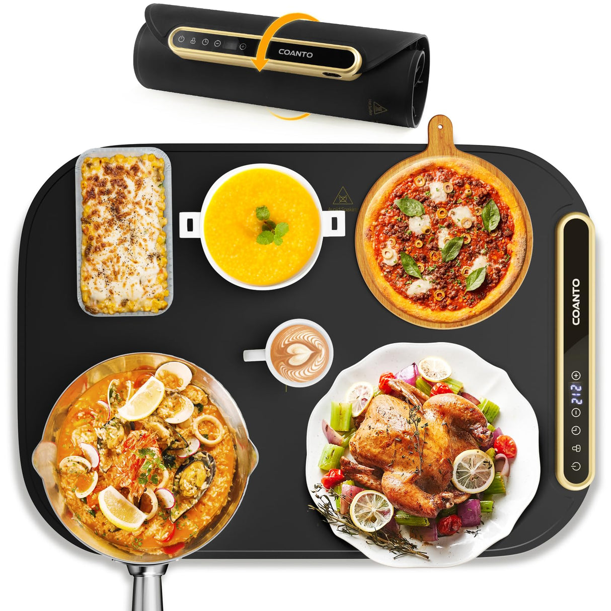 Coanto Food Warming Mat, Electric Warming Tray for Buffets & Parties, Silicone Heating Mat with 7 Temperature Settings, Roll-Up Storage, 17.91"x12.8", Black