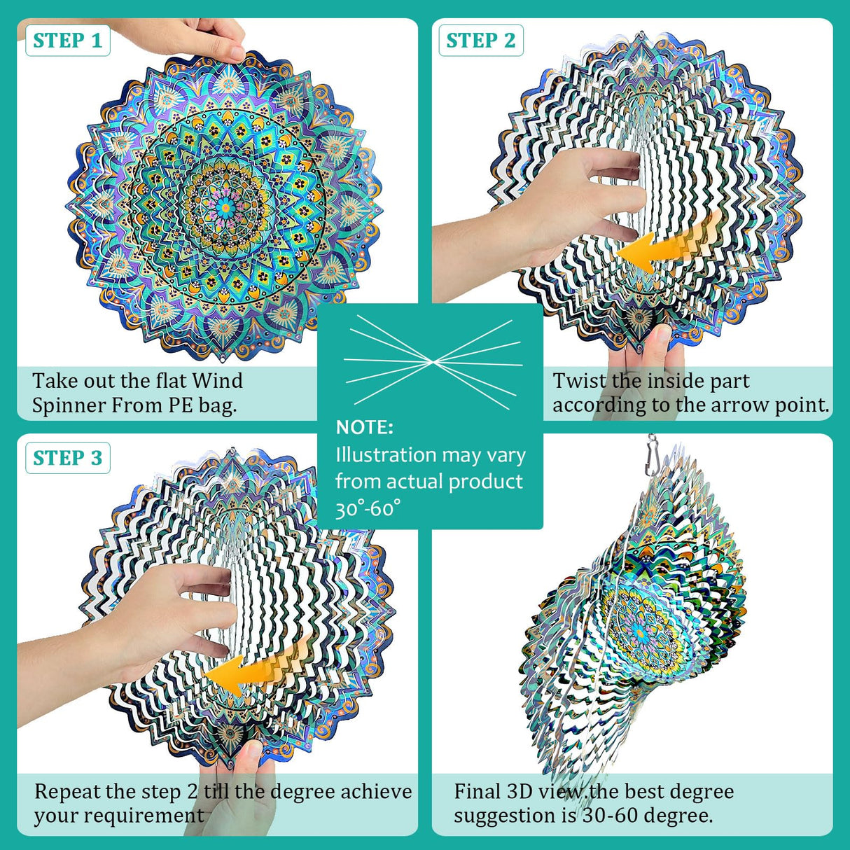 Hippolytusiart Wind Spinner Mandala Peacock Blue Ocean,12Inch Stainless Steel Wind Spinners Outdoor,Gifts for Women,Mother,Men,Father,Holidays,3D Kinetic Yard Art Decorations,Christmas Garden Decor