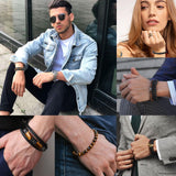 LOWNOUR Mens Bracelet Set Black Leather Bracelets for Men Tiger Eye Bracelet 8mm Lava Rock Beaded Bracelets Adjustable Stretch