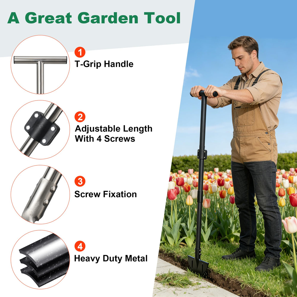 LLARGUEST Edger Lawn Tool, 49 Inch Long Handle Garden Edge with Saw Tooth Blade for Landscaping, Garden,Yard, Camping Heavy Duty Half Moon Edge with T-Grip,Garden Edging Tool