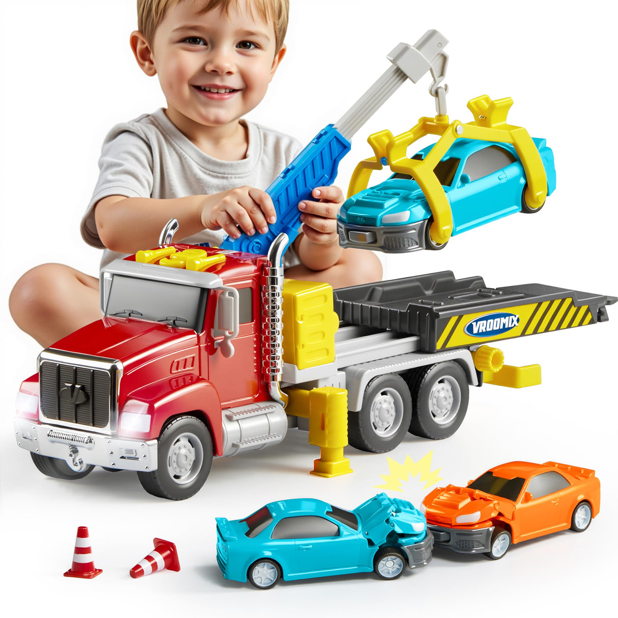 Kids Tow Truck Toys for 3 4 5 6 7 Years Old Boys, Toddler Car Toys, Large Truck with 2 Transformation Cars and Multi-Functional Trailer, Crane with Lights and Sounds, Christmas Birthday Gifts