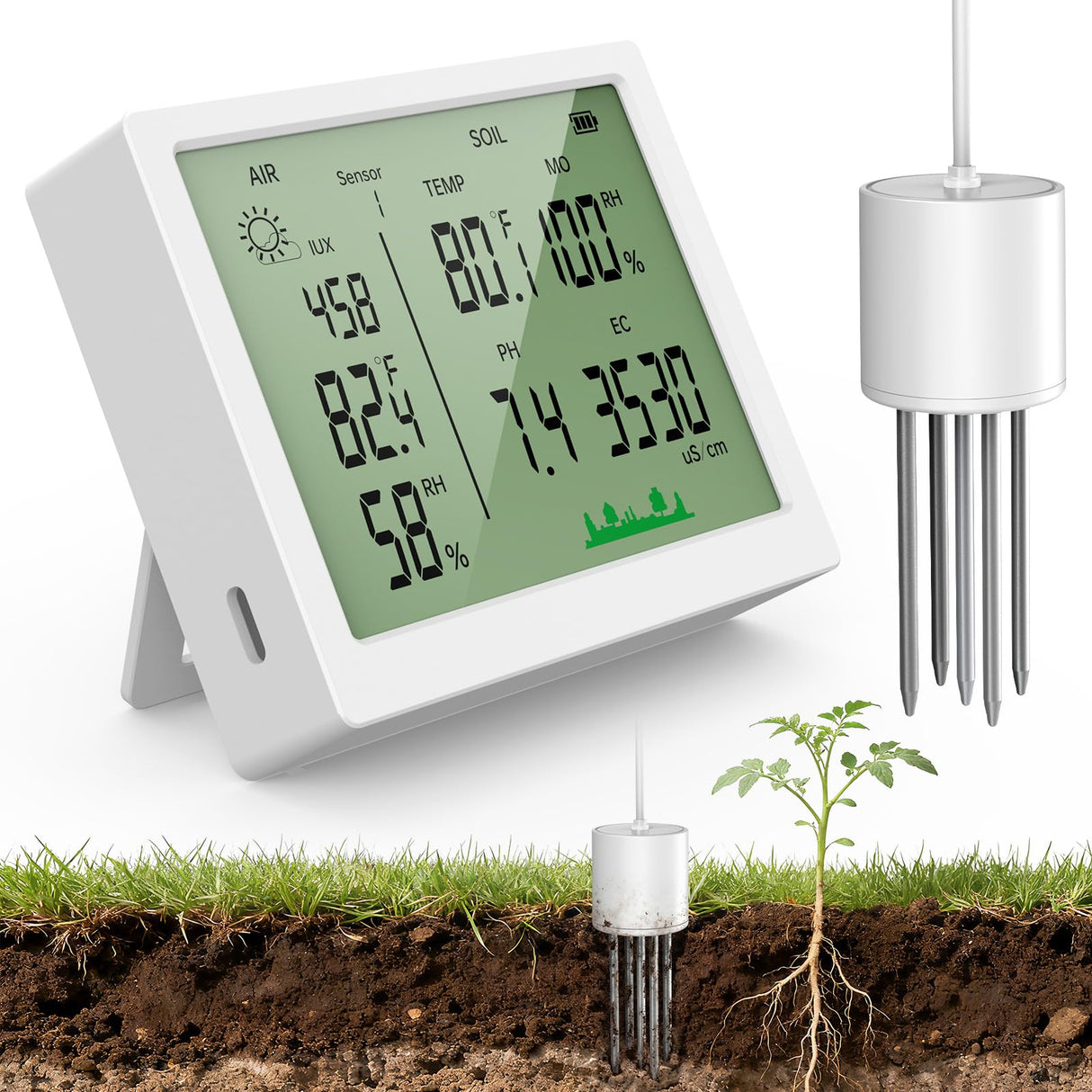 7 in 1 Soil Meter, Digital Soil Test Kit of PH/Sunlight/Fertility/Soil & Air Temp, Humidity Meter for Indoor & Outdoor Plant, Growing Environment Tester with Large LCD Display for Farm, Garden & Lawn