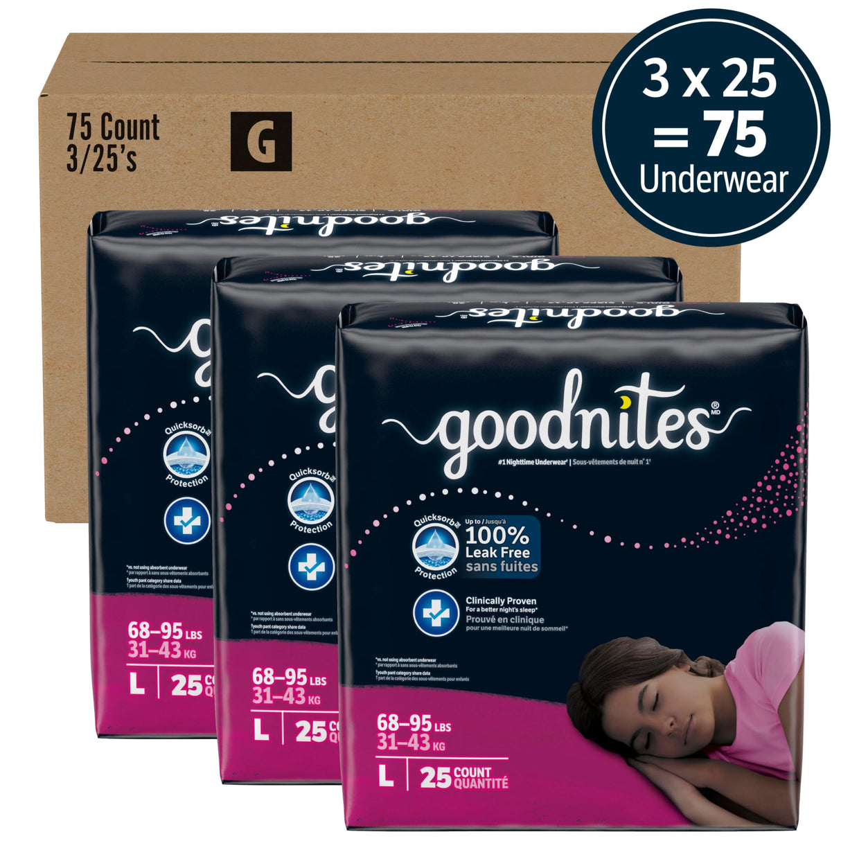 Goodnites Girls' Nighttime Bedwetting Underwear, Size Large (68-95 lbs), 75 Ct (3 Packs of 25), Packaging May Vary