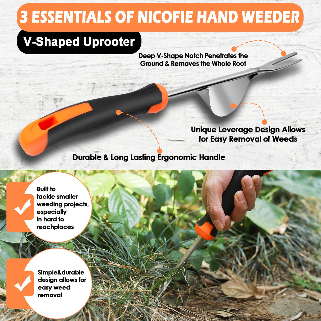 Nicofie 2025 Hand Weeder Tool, Rubber Handle Manual Weeder Puller Tool, Uprooting Weeding Tools, Crack Weeder Crevice, 4 Teeth Weeding Tool, Weeding Artifact Tool for Gardening (2 Pcs)