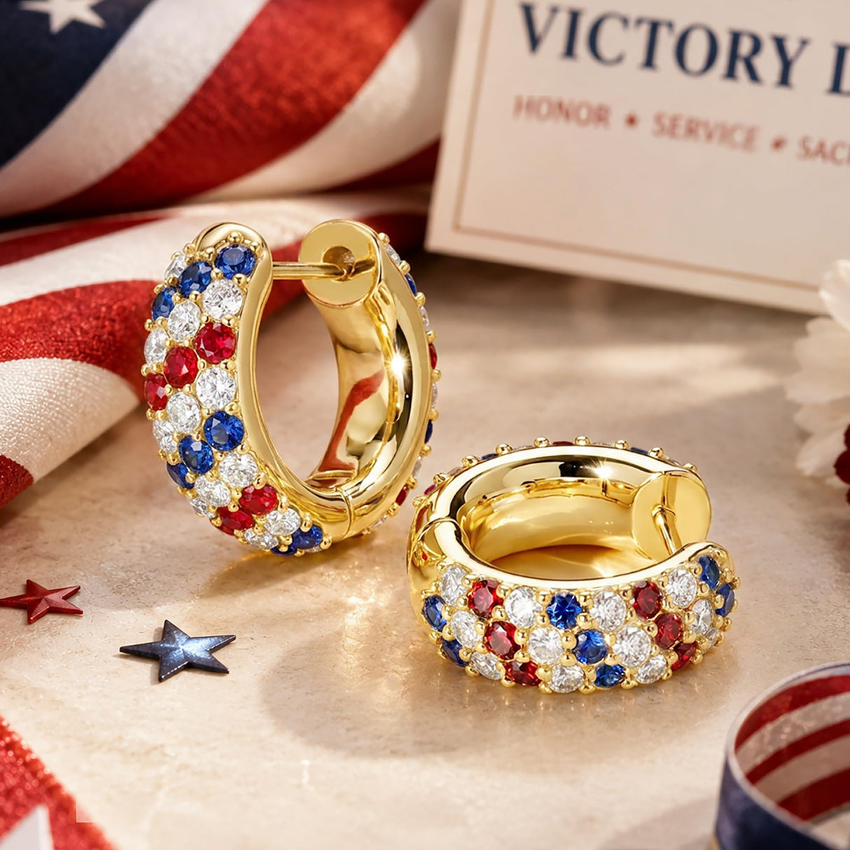 4th of July Independence Day Patriotic Hoop Earrings for Women, 250th Anniversary American Flag Red White Blue Usa earrings Cubic Zirconia Chunky 14K Gold Thick Small Huggie Hoops Non Tarnish Jewelry