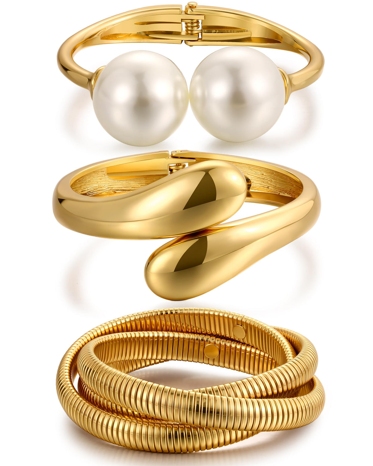 Chunky Gold Bangle Bracelets for Women, Dainty 14k Gold Plated Big Pearl Bangles Set, Trendy Statement Cuff Bracelet Stack Fashion Jewelry Gifts Summer Vacation Outfits