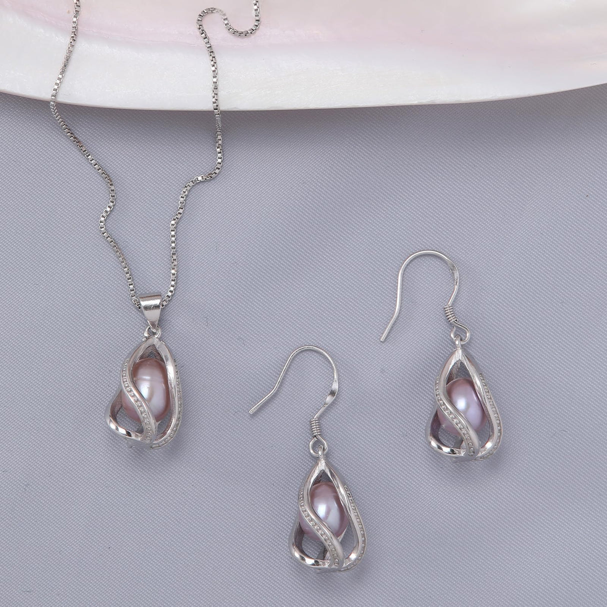 HENGSHENG Pearl Jewelry Set For Women S925 Sterling Silver Necklace & Earrings Set Freshwater Pearl Pendant Cage Set for Wedding Anniversary Prom Birthday Gift - Silvery Purple