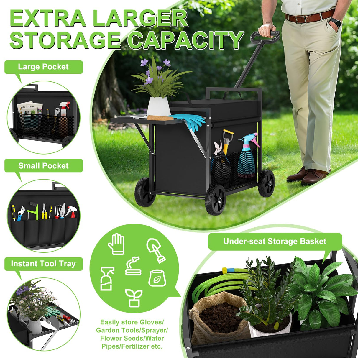 Garden Seat with Wheels, Garden Cart with Seat, 400 lbs Garden Rolling Utility Cart with Foldable Side Trays, for Gardening, Patio, Backyard, Gardening Gifts for Fathers Day