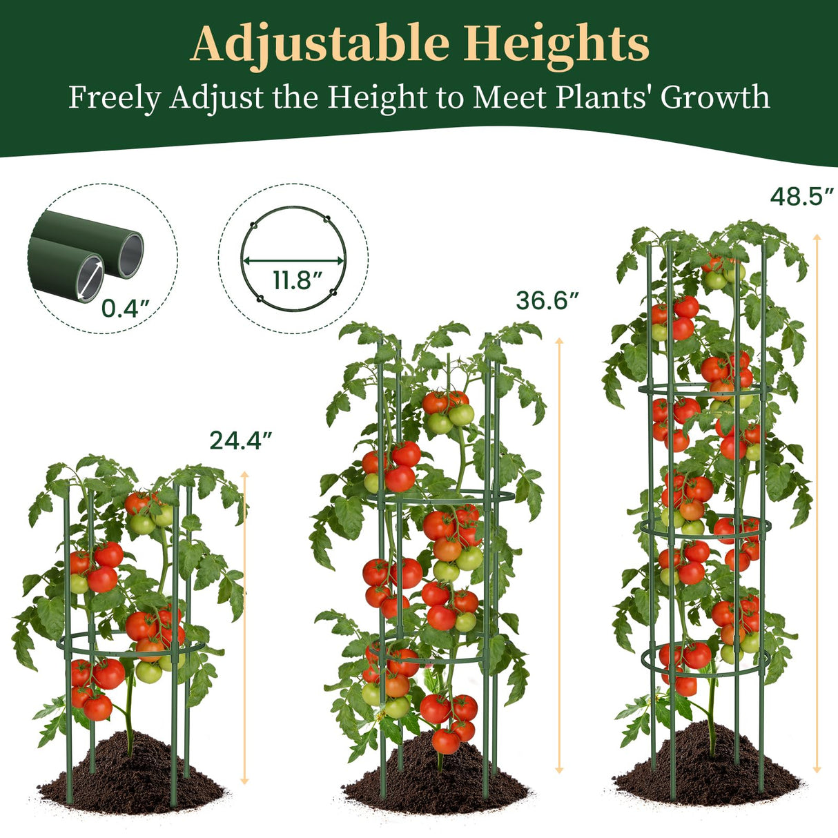 4 Pack Tomato Cages for Garden, 49" Tall Adjustable Heavy Duty Rust Resistant Tomato Trellis, with Upgraded Coupler for Raised Beds & Pots, Plant Stakes and Supports for Climbing Vegetables, Flowers