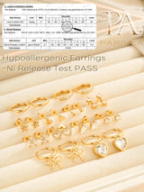 PARIVEA 12 Pairs Small Stud Hoop Earrings Set for Women - 14K Gold Plated Huggie Hoops Hypoallergenic Earring Cute Dainty Flower Heart Stud Earrings for Jewelry Gift, GOLD