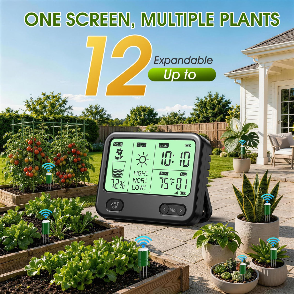 Soil Moisture Meter for Plants,4-in-1 Wireless Soil Tester,Soil Thermometer/Moisture/Sunlight Time,Large Screen,Indoor/Outdoor Plant Water Meter,Garden Soil Test Kit for Lawn,Farm,Houseplants
