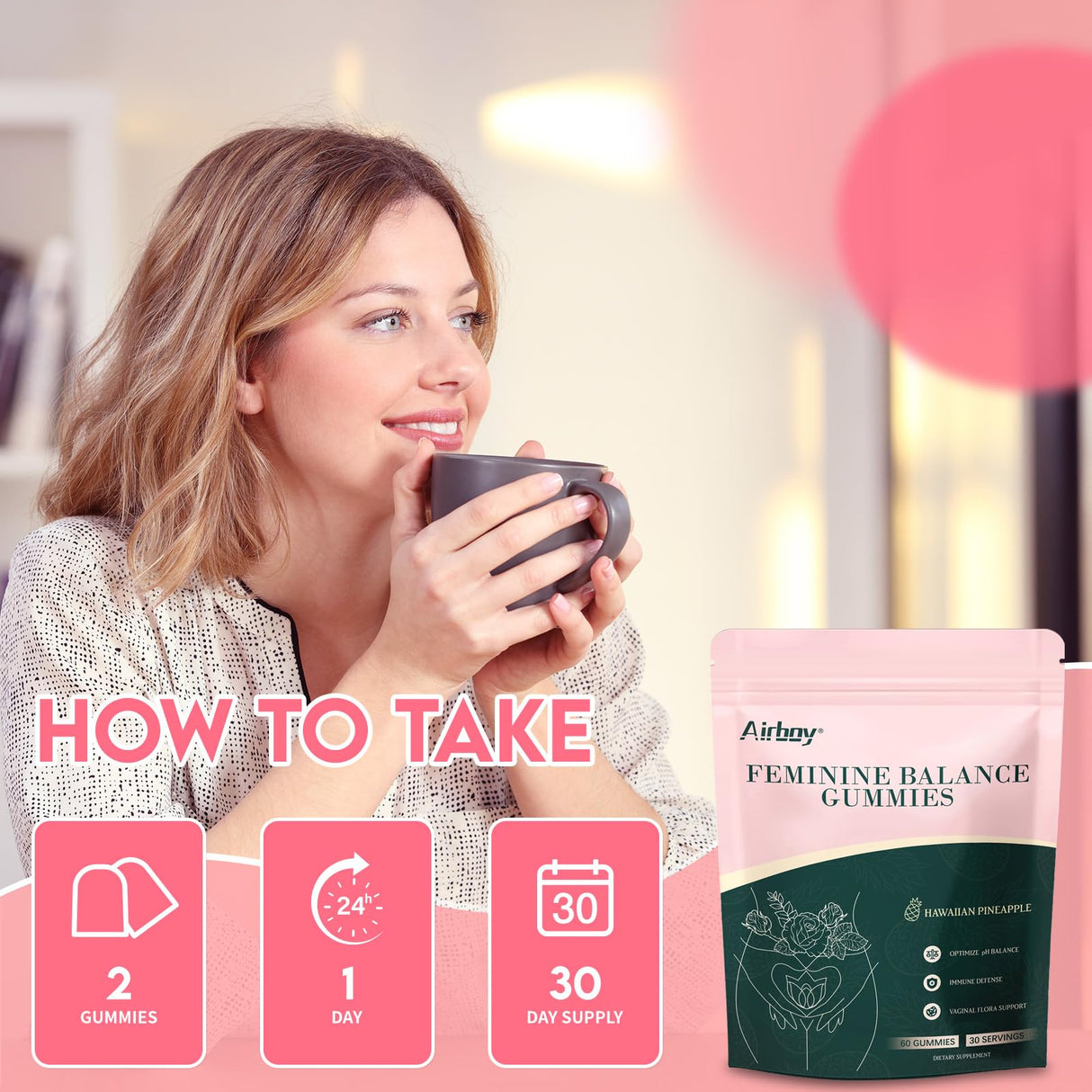 Airboy Feminine Balance Gummies - Pineapple Gummies for Women PH - Feminine Probiotics Gummy - Immune Support, Vaginal Flora Balance - 60 Gummies