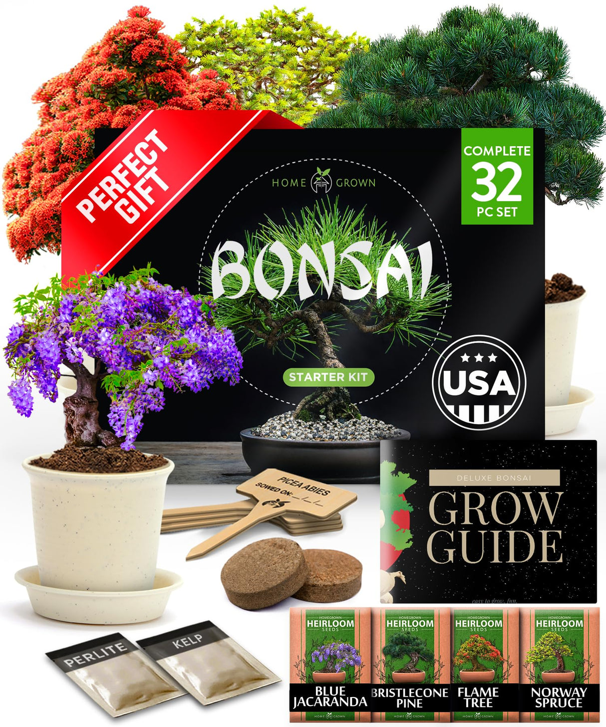 Bonsai Tree Kit 𝗨𝗦𝗔 Gifts for Men & Women - Grow 4 Bonsai Trees - Unique Gardening Crafts for Adults, DIY Hobbies for Plant Lovers & Gardeners - Unusual Christmas Gift Ideas for Mom & Dad