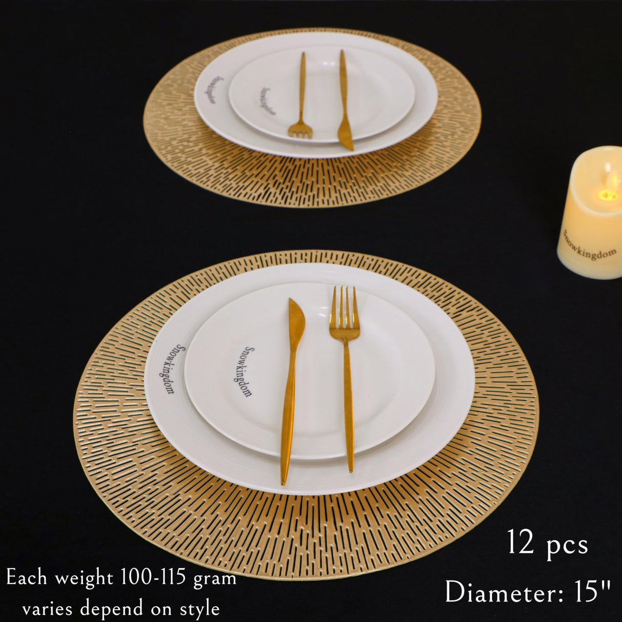 Snowkingdom Round Gold Placemats Set of 12, Gold Vinyl Metallic 15 Inch Round Placemat, Washable Wipeable Hollow Place Mats Non Slip Dining Table Mats for Halloween Wedding Party Christmas Decoration