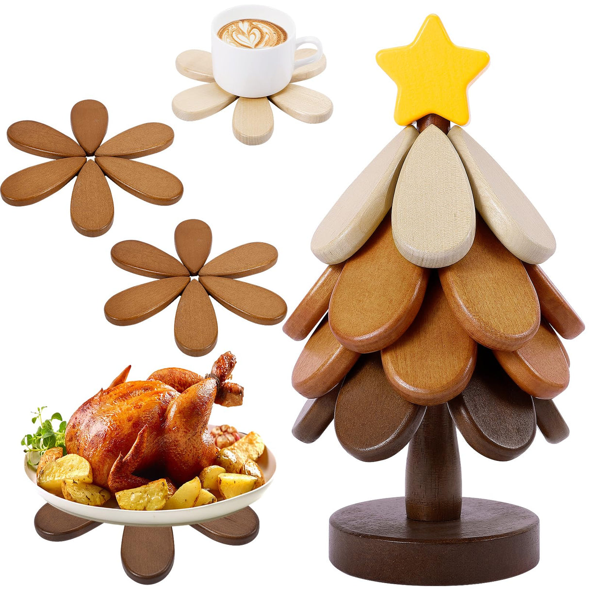 Wooden Tree Trivets for Hot Dishes, Christmas Tree Shape Trivet Set of 4 for Hot Pot Pans, Wood Coasters for Bowls Teapots Drinks Plates, Home Table Decor(Walnut Wood)