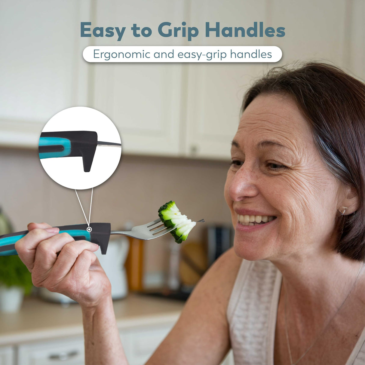 BUNMO Utensils for Elderly, Arthritis, Weak Hand Grip, Tremors & Handicapped - Convenient Travel Pouch - 3.35oz Lightweight - Stainless Steel - Eat Independently - Adaptive Blue 4 Piece Set