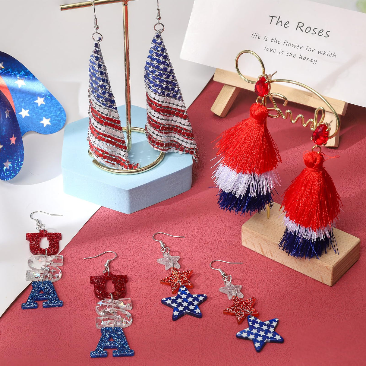 fulasiteu 5 Pairs Patriotic 4th of July Earrings for Women,American Flag Dangle Drop Stud Earrings Fourth of July Accessories Independence Memorial Day Party Favor Gift