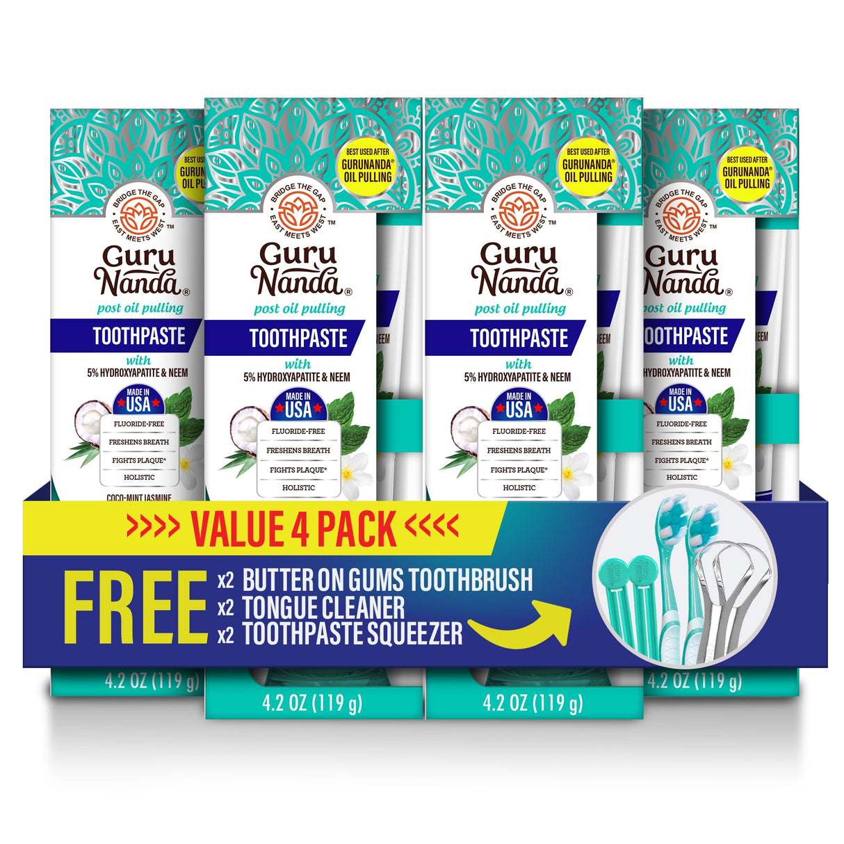 GuruNanda Hydroxyapatite Toothpaste, SLS & Fluoride Free (4 Pack), Whitening Toothpaste - Freshens Breath, Fights Plaque - with 2 Toothbrushes, 2 Tongue Scrapers & 2 Tube Squeezers