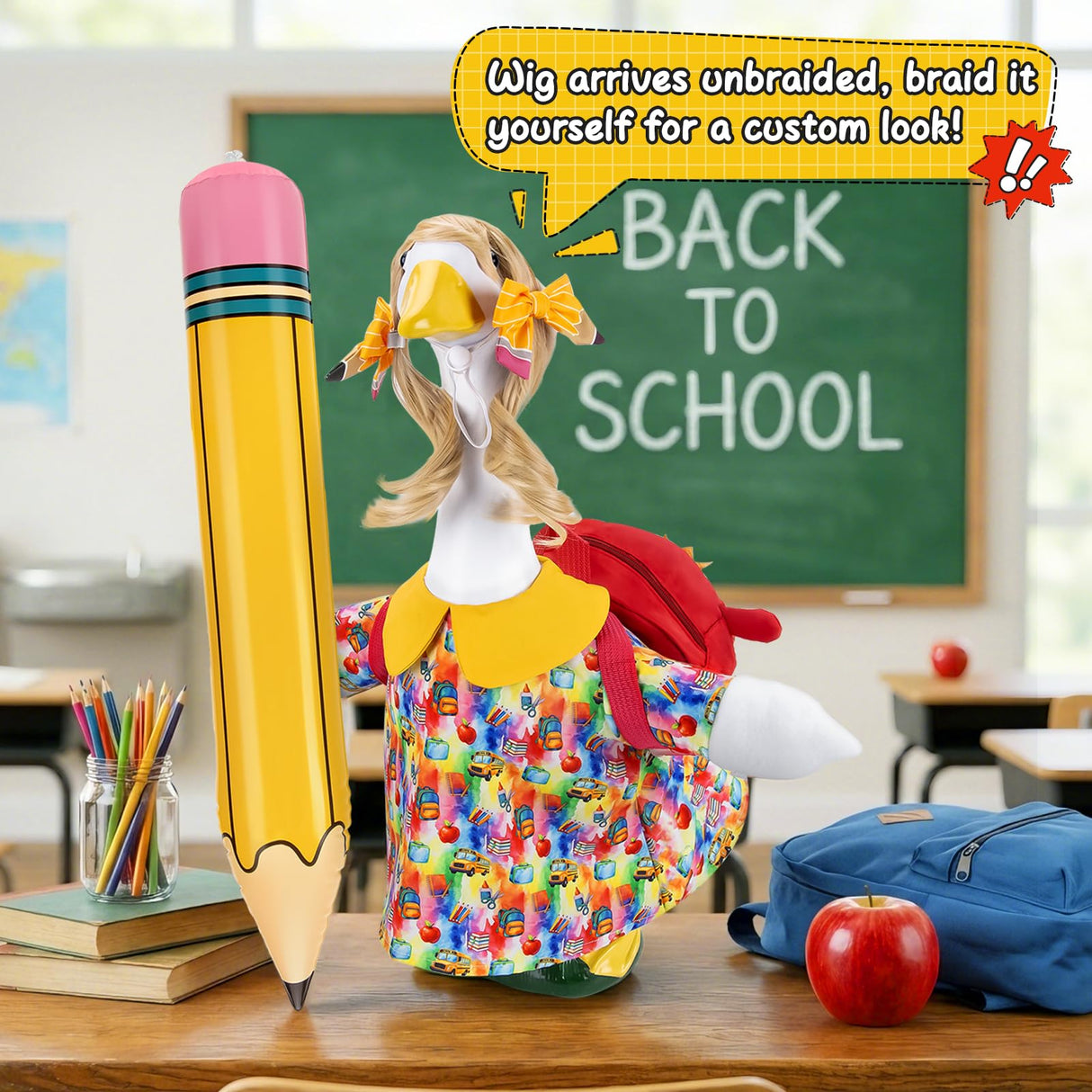 23" Back to School Porch Goose Outfit, Curly Wig (Statue not Included)