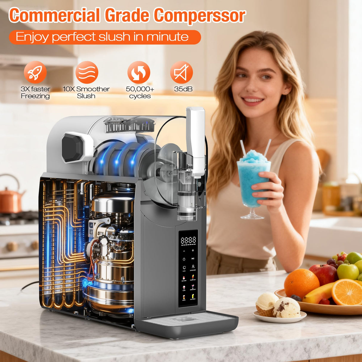 Kourice Slushie Machine No Ice Needed Slushy Machine 92oz Capacity Margarita Machine with 6 Preset Programs LED Display Self-Clean Frozen Drink Maker for Slush Margaritas Smoothie Frappés Milk Shakes