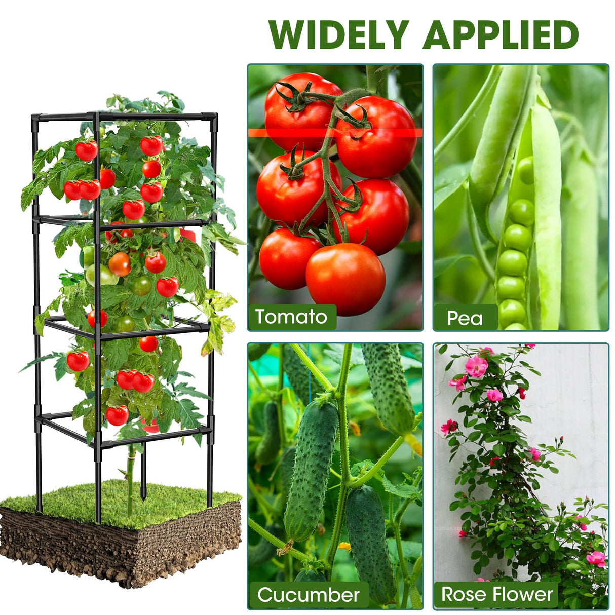 MQHUAYU 3 Pack Tomato Cages, Square Tomato Plant Stakes Support Cages Trellis for Garden Climbing Vegetables Flowers Fruits,Extra Bold,Black