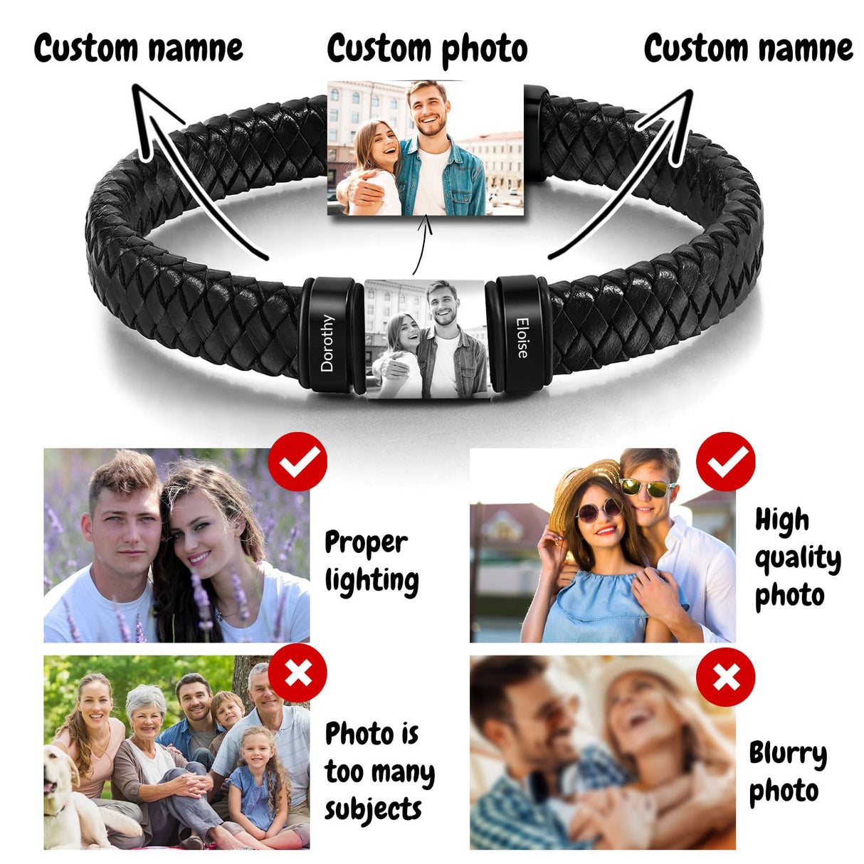 Personalized Picture Bracelet for Men Custom Engraved Bracelets with Photo Name,Custom Bracelet Gift for Boyfriend Husband Father's Day Christmas (Black)