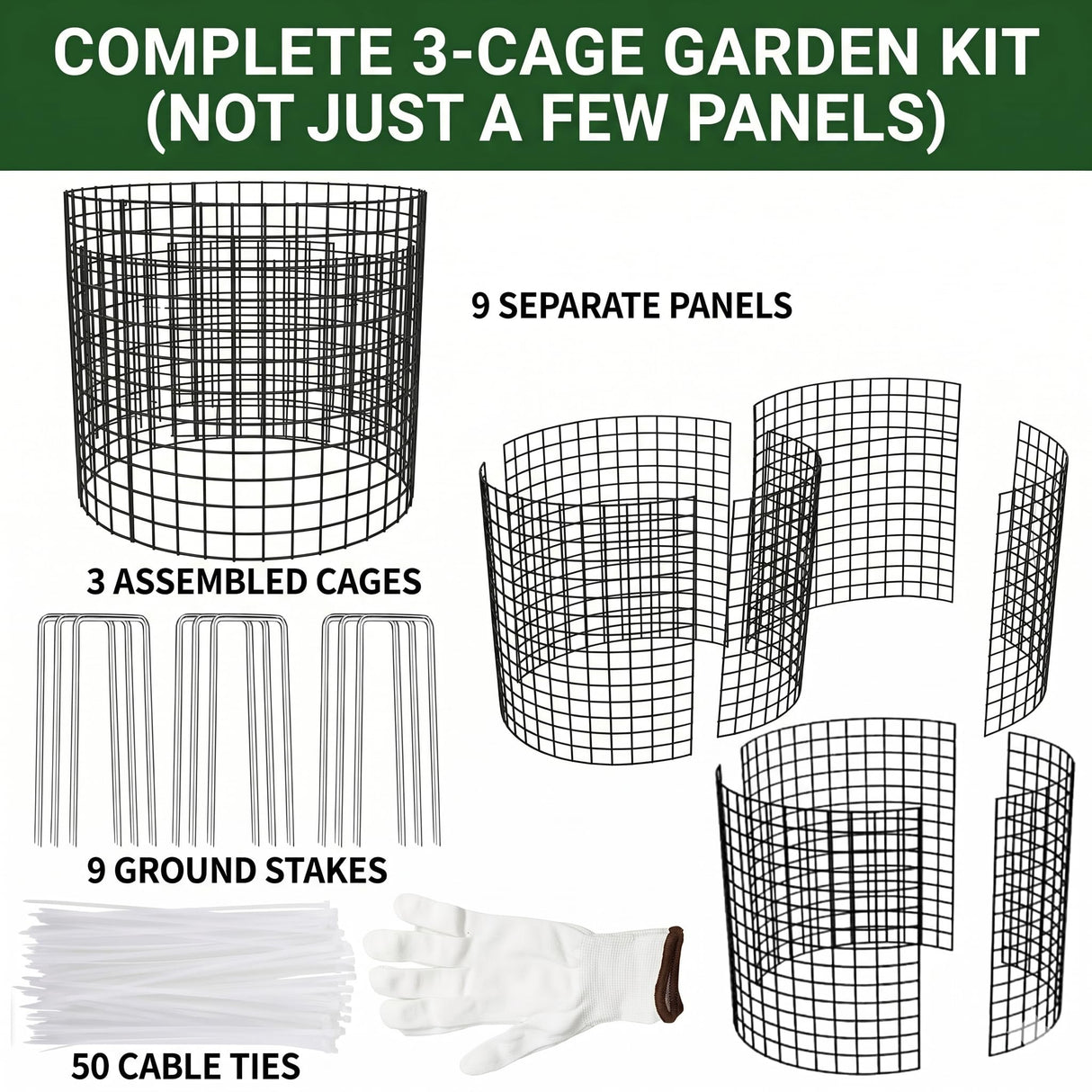 3Pack 17x14 Inch Green Coated Galvanized Wire Plant Protectors, 9Pcs Mesh Cloches with Stakes & Zip Ties, Chicken Wire Cage for Rabbits Squirrels Chickens, Garden Vegetable Seedling Protection