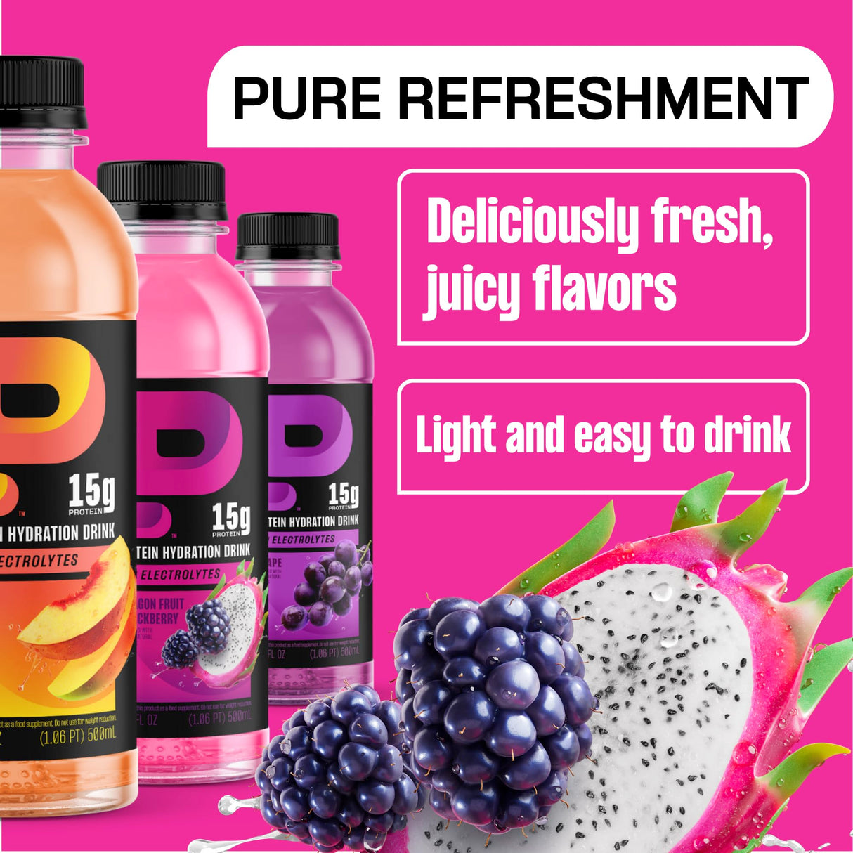 Protein2o Hydration Drink - 2-in-1 Liquid Clear Whey Protein Isolate and Electrolyte Drink - 15g Protein, Vitamins B5, B6 - Post-Workout Recovery - 16.9 Fl Oz - 12 Count Dragon fruit Blackberry