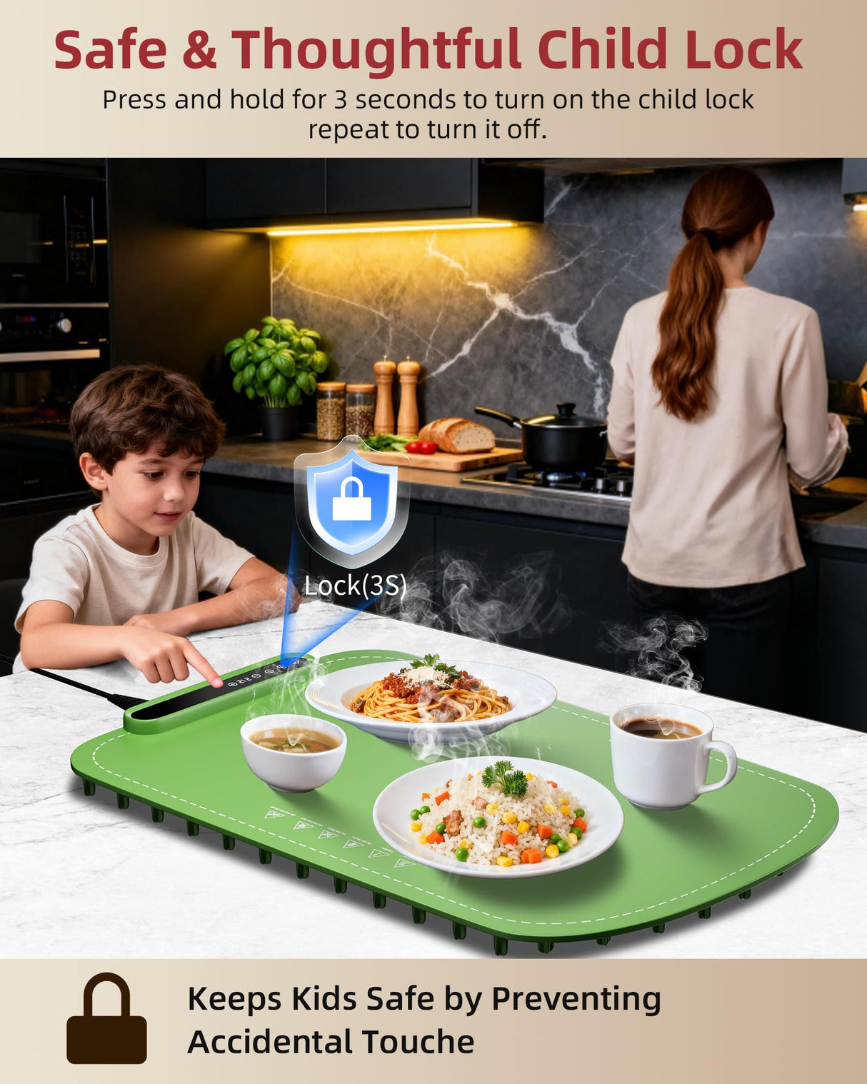 Warming Mat for Food, Upgraded Fast-Heating Electric Warming Tray with 7 Temp Levels & 8 Timers, Buffet Raised Feet & Rollable Silicone Heat Pad, Portable Food Warmer for Home, Party & Travel(Green)